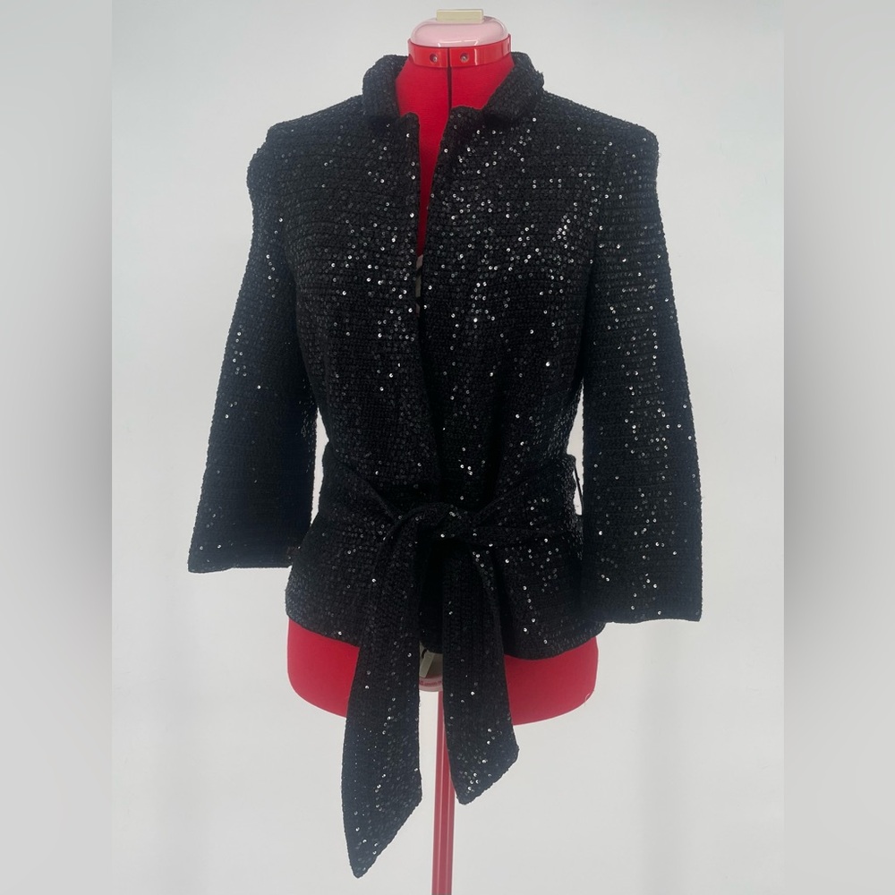Gorgeous Lisli Black Sequined Belted / Tie Crochet / Knit Jacket